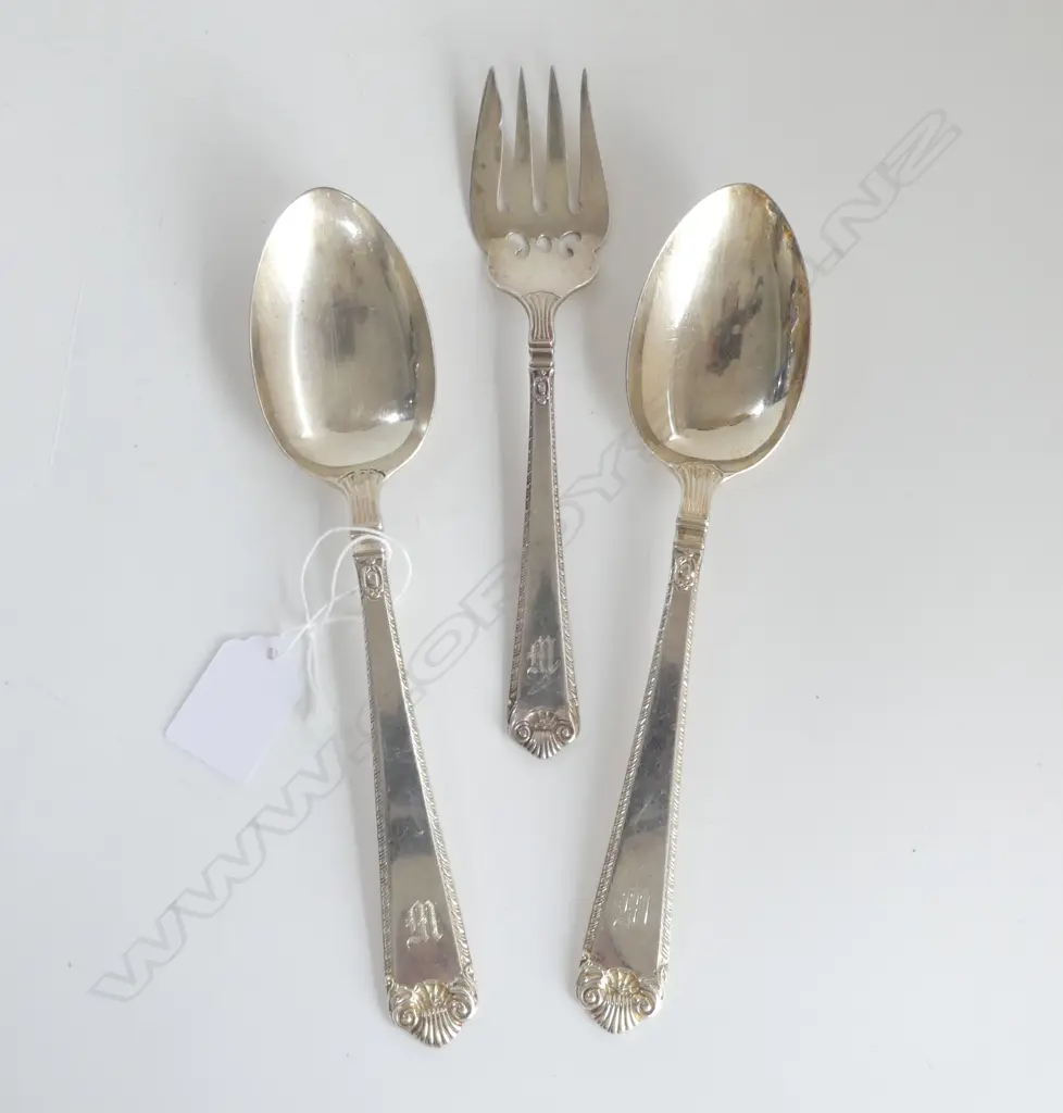 3 CANADIAN BIRK'S STERLING CUTLERY ITEMS: PR SERVING SPOONS + BREAD FORK. 240gms Image 1++