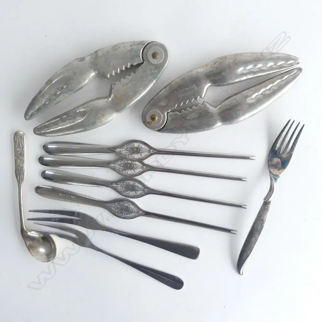 ASST CUTLERY ITEMS: 2 CRAYFISH CRACKERS + LOBSTER FORKS + OTHER FORKS + STYLISH SPOON SILVER ? Image 1++