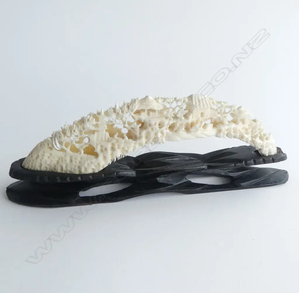 CHINESE CARVED BRIDGE HIPPO IVORY ON STAND L190MM Image 1++