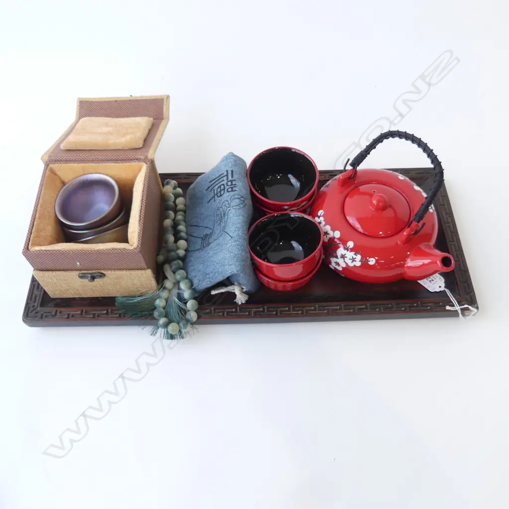 CARVED WOODEN TRAY 495x205mm, TEAPOT & CUPS ETC Image 1++
