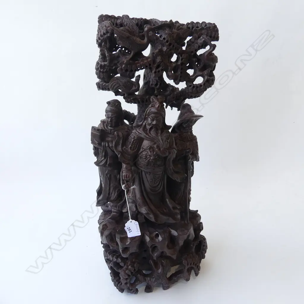 LG CARVED WOODEN CHINESE SCULPTURE; 3 FIGURES UNDER A TREE H.530mm Image 1++