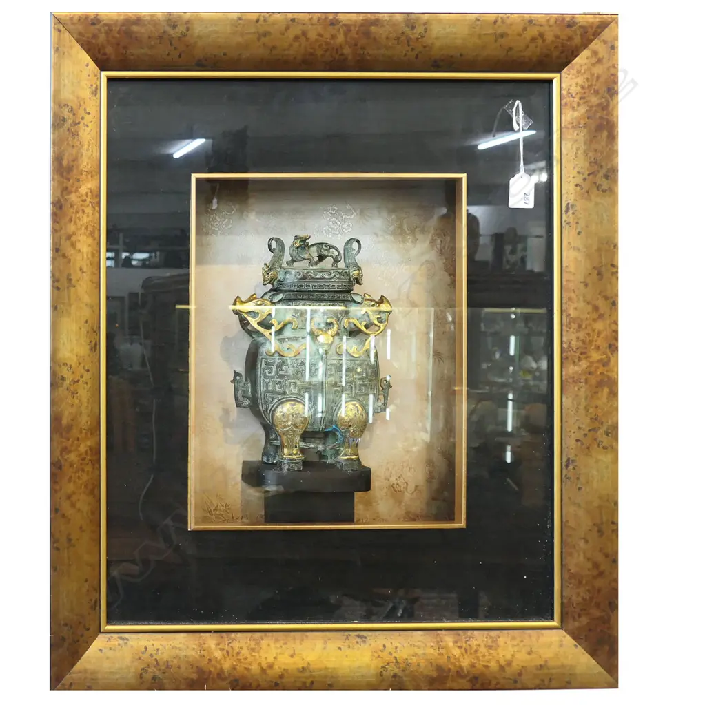 CHINESE BRONZE QUALITY ANTIQUE COPY LIDDED CENSER IN DEEP FRAME 625 x 685mm Image 1++