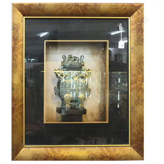 CHINESE BRONZE QUALITY ANTIQUE COPY LIDDED CENSER IN DEEP FRAME 625 x 685mm
