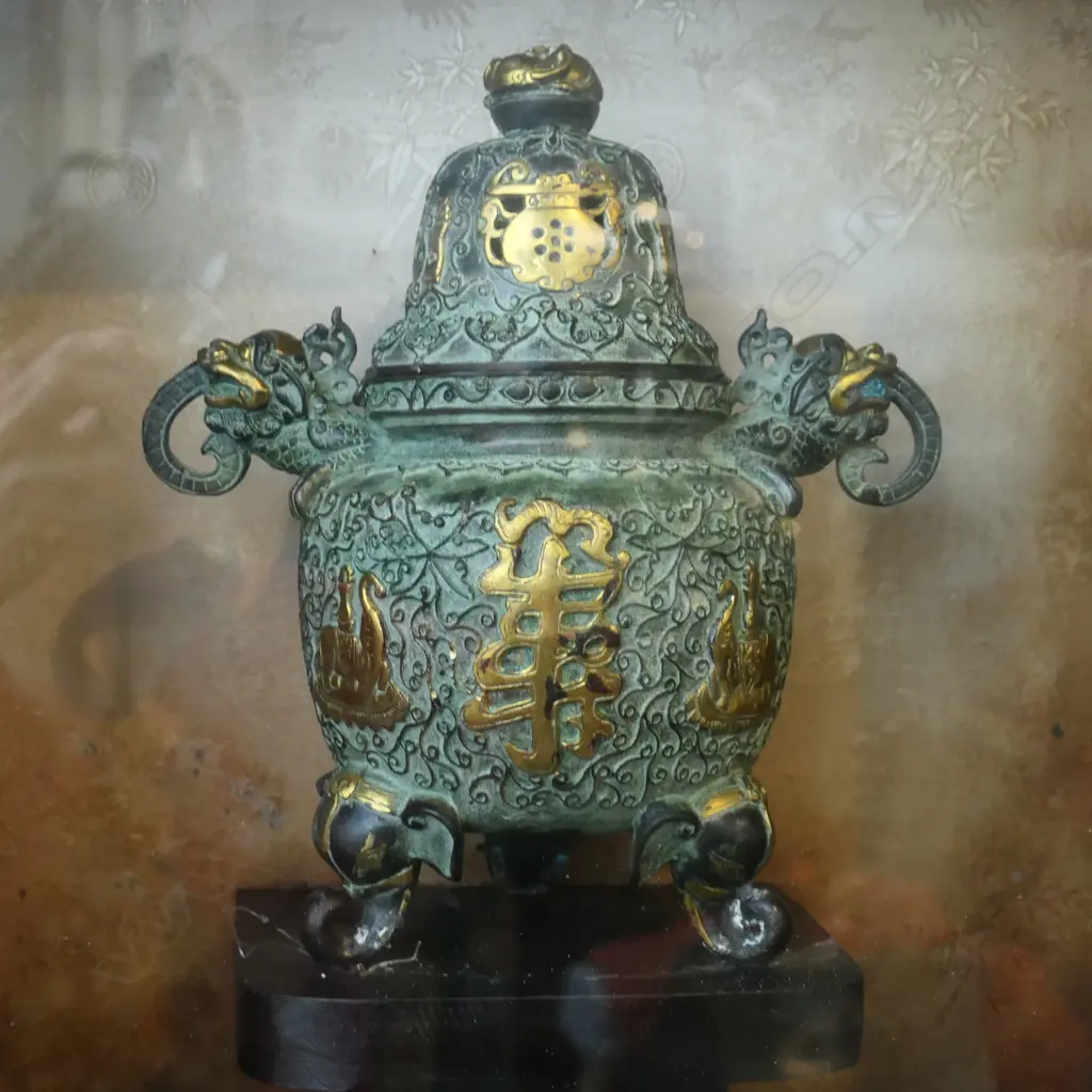 CHINESE BRONZE QUALITY ANTIQUE COPY LIDDED CENSER IN DEEP FRAME 625 x 685mm Image 1++
