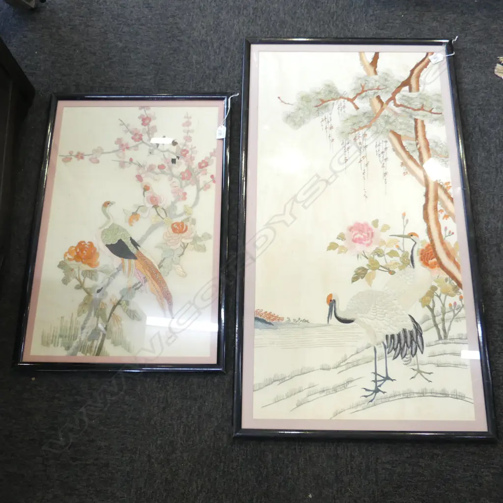 2 ORIENTAL FRAMED EMBROIDERIES 625x390, 925x465mm FOXING Image 1++