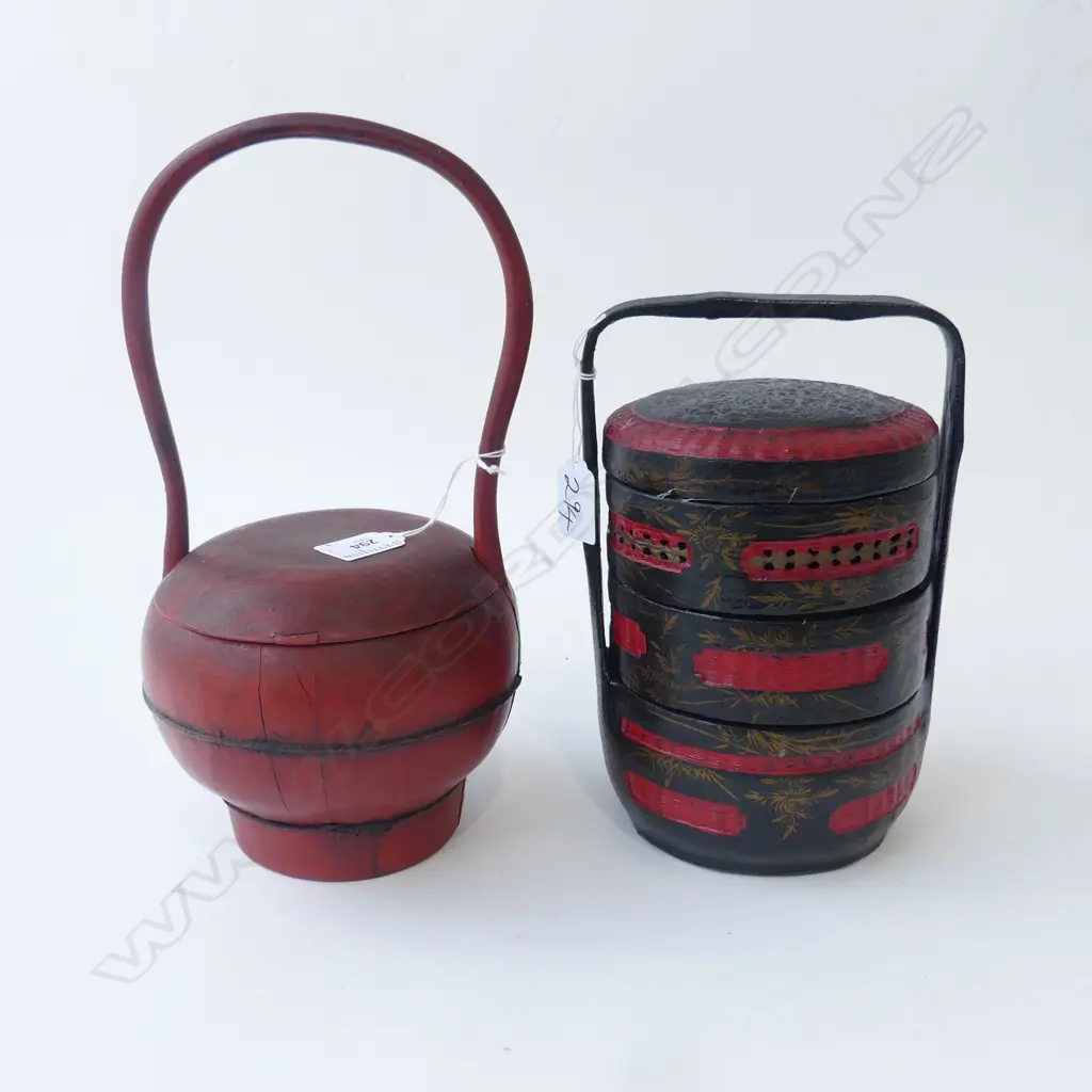 2 CHINESE LAQUER VINTAGE LIDDED BASKETS H300MM Image 1++