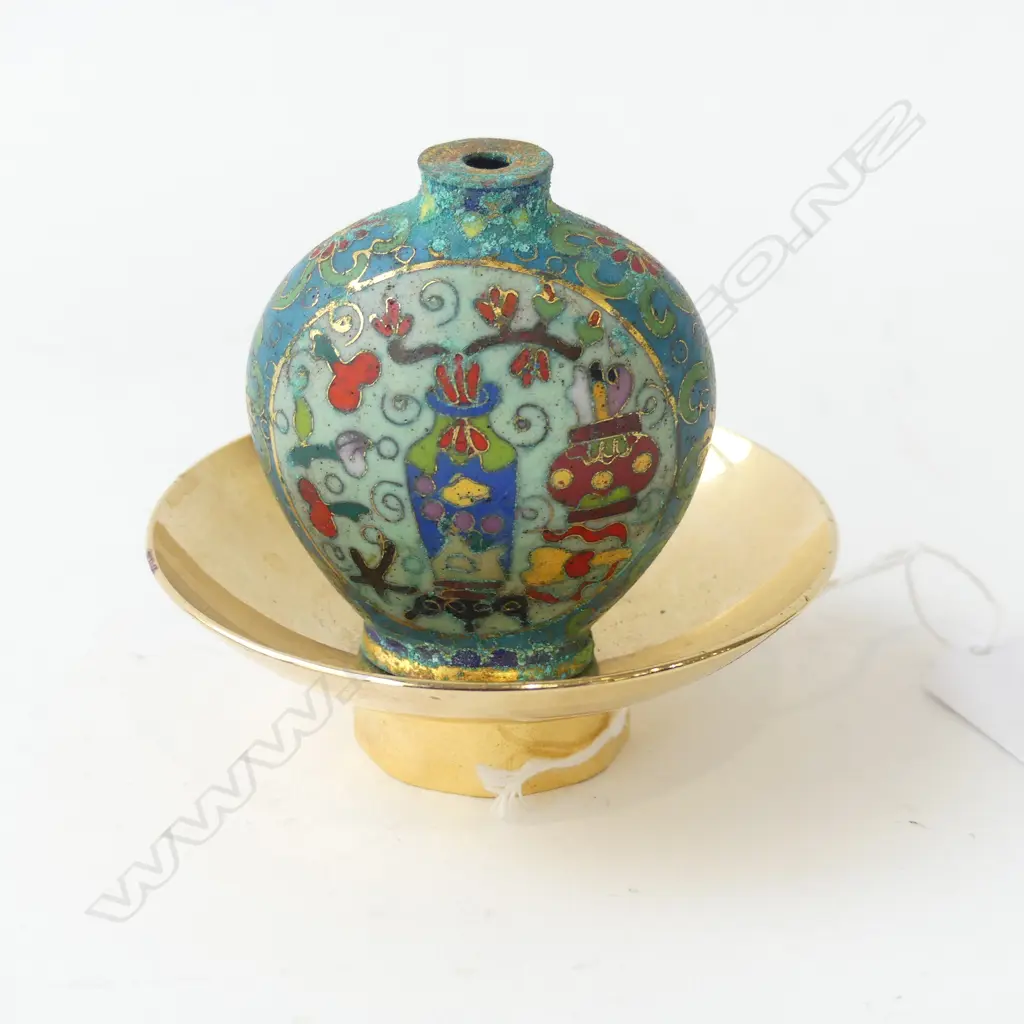CHINESE CLOISONNE SNUFF BOTTLE H.65mm NO STOPPER & GP DISH 85m dia Image 1++