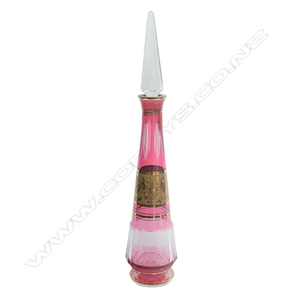 1920S LARGE CUT CRANBERRY GLASS BOTTLE  STOPPER STUCK H630MM Image 1++