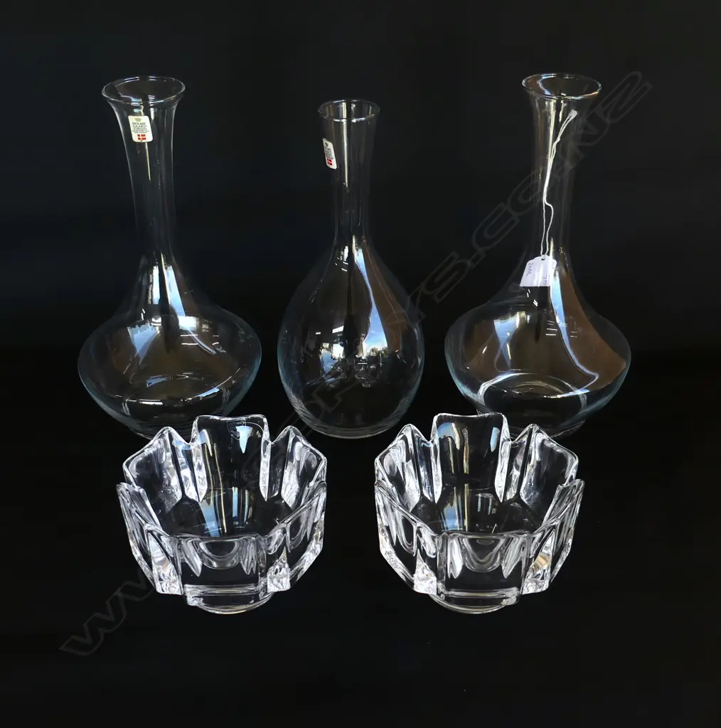 3 HOLMEGAARD CLEAR GLASS VASES H.250mm + PR ORREFORS BOWLS 115mm dia Image 1++