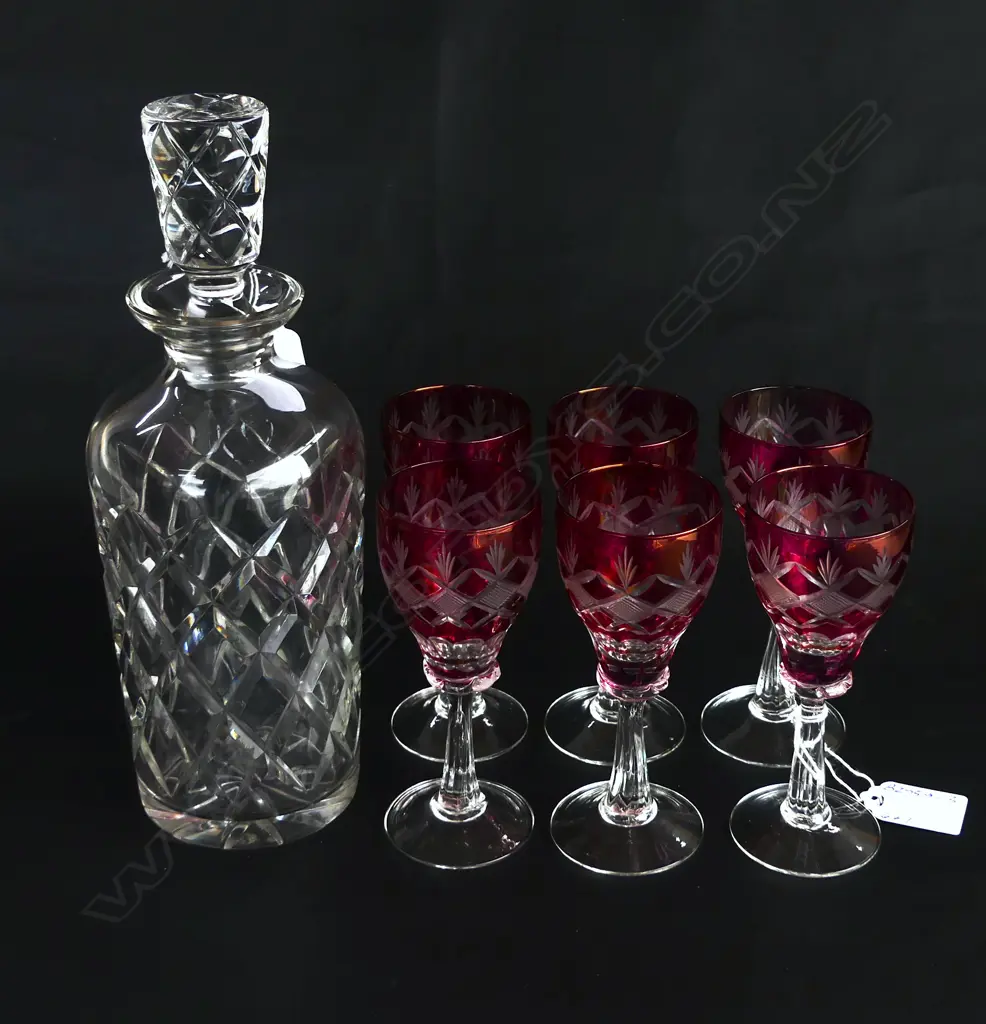 CUT CRYSTAL DECANTER & 6 BOHEMIAN CRYSTAL GLASSES Image 1++