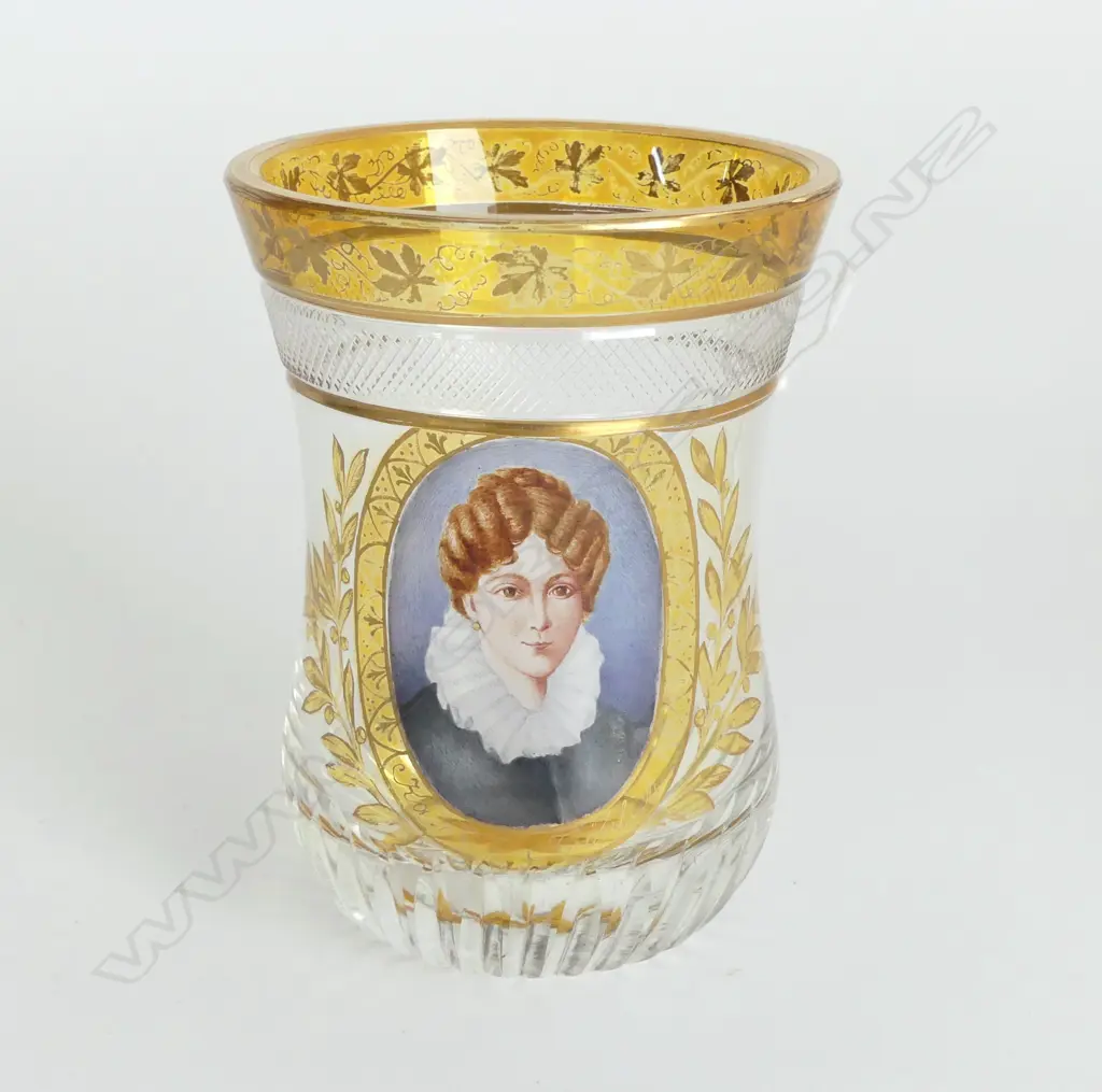 CUT GLASS AUSTRIAN GLASS HAND GILDED & HAND PAINTED PORTRAIT OF KATHARINA FROHLICH 1800S H110MM Image 1++