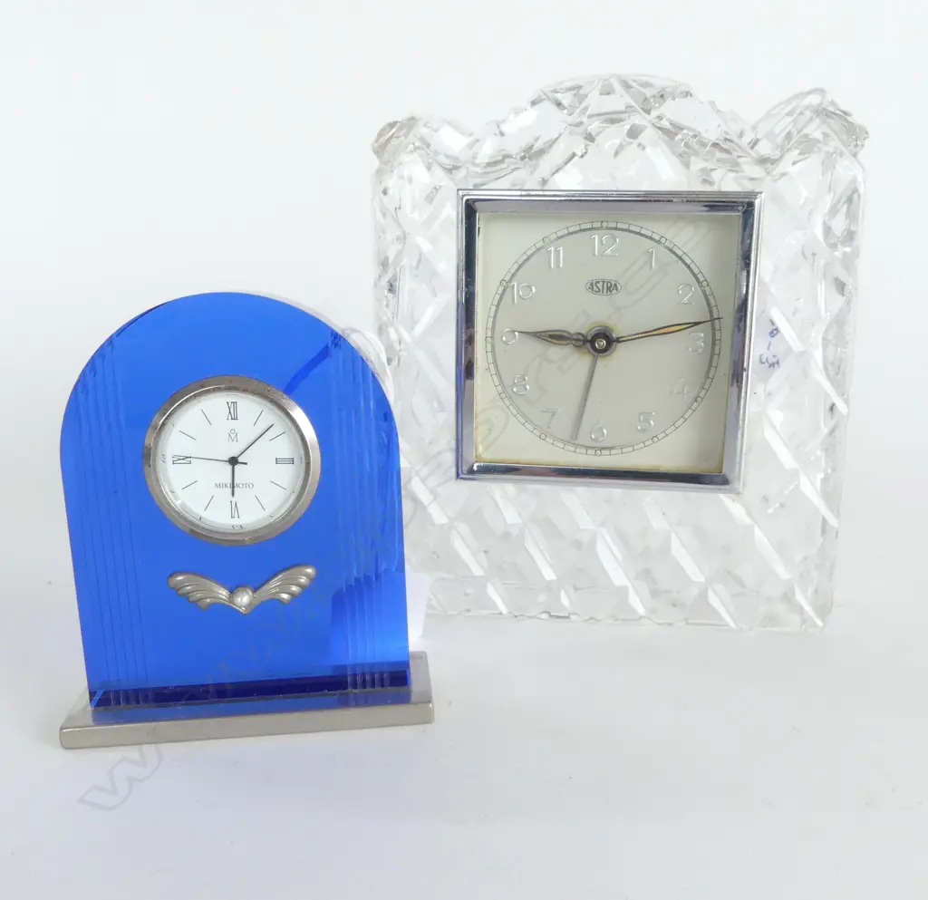 PR CLOCKS; BLUE MIKIMOTO DESK CLOCK H.100mm time needs adjusting, 1950s ASTRA CRYSTAL MANTLE CLOCK H.150mm not running Image 1++