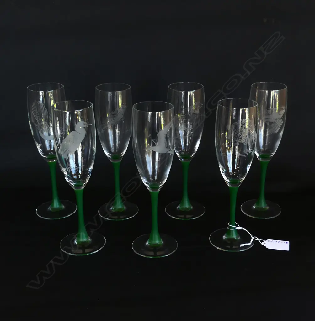 SET OF 7 CHAMPAGNE FLUTES WITH  VARIOUS TYPE OF ETCHED KIWI BIRDS  Image 1++