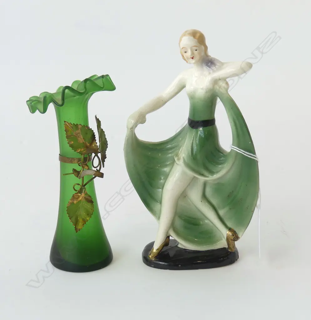 VICTORIAN GLASS VASE WITH METAL LEAF DECORATION & ART DECO LADY FIGURINE, H.135MM H.165MM Image 1++