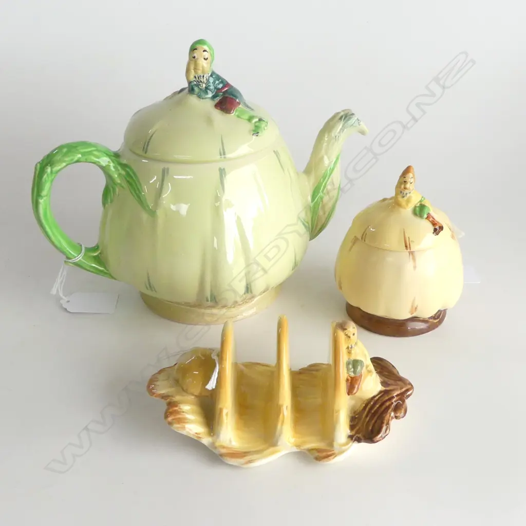 BURLEIGH WARE GNOME TEAPOT H170MM SUGAR BOWL & TOAST RACK L140MM Image 1++