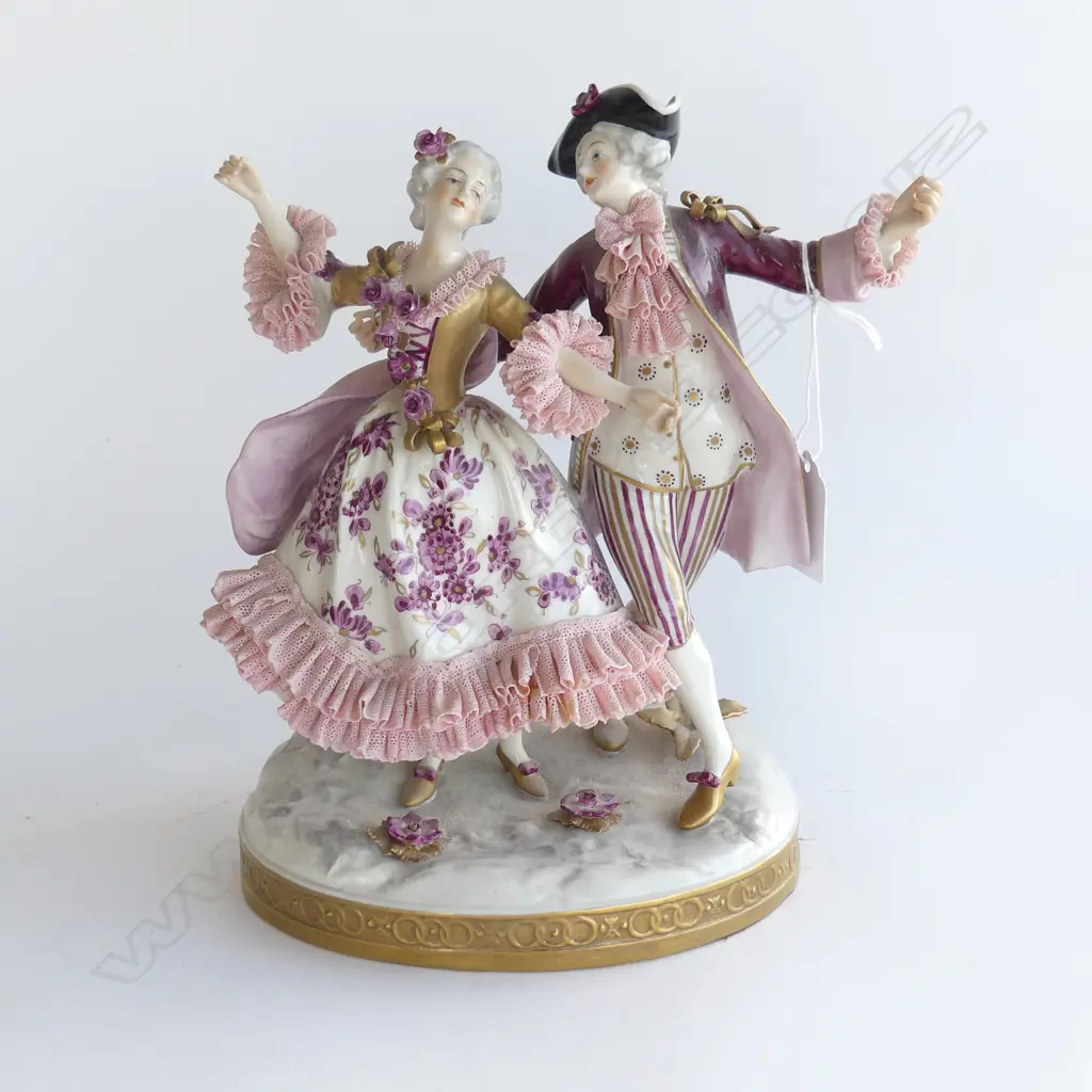 GERMAN DREDEN TYPE FIGURE GROUP FORMAL DANCING COUPLE with crinoline lace minor faults H.235mm. Image 1++