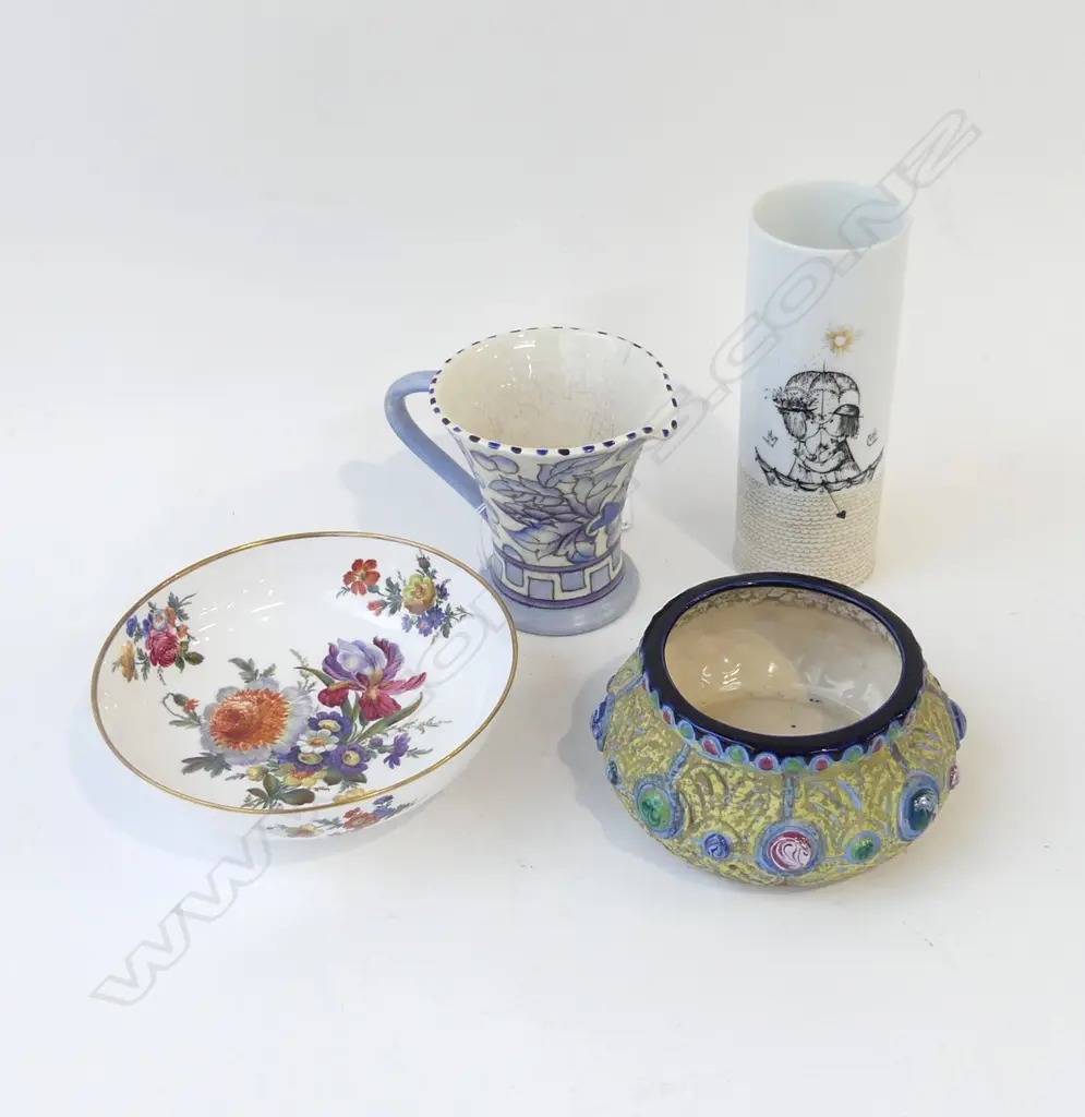 4 PCES; CHARLOTTE RHEAD MUG, AMPHORA, CAVERSWALL BOWL 150mm dia, ROSENTHAL VASE H.160mm FIRST 2 w. HAIRLINES Image 1++
