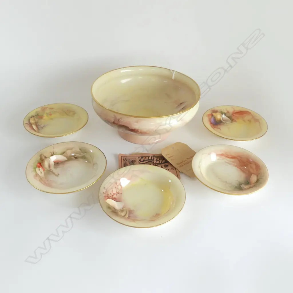 CANADIAN BELLEEK BOWL & 5 SMALL BOWLS 1ST PRIZE 1919 NATIONAL EX TORONTO INCLUDES PRIZE DOCS DIA LARGEST BOWL 230MM Image 1++