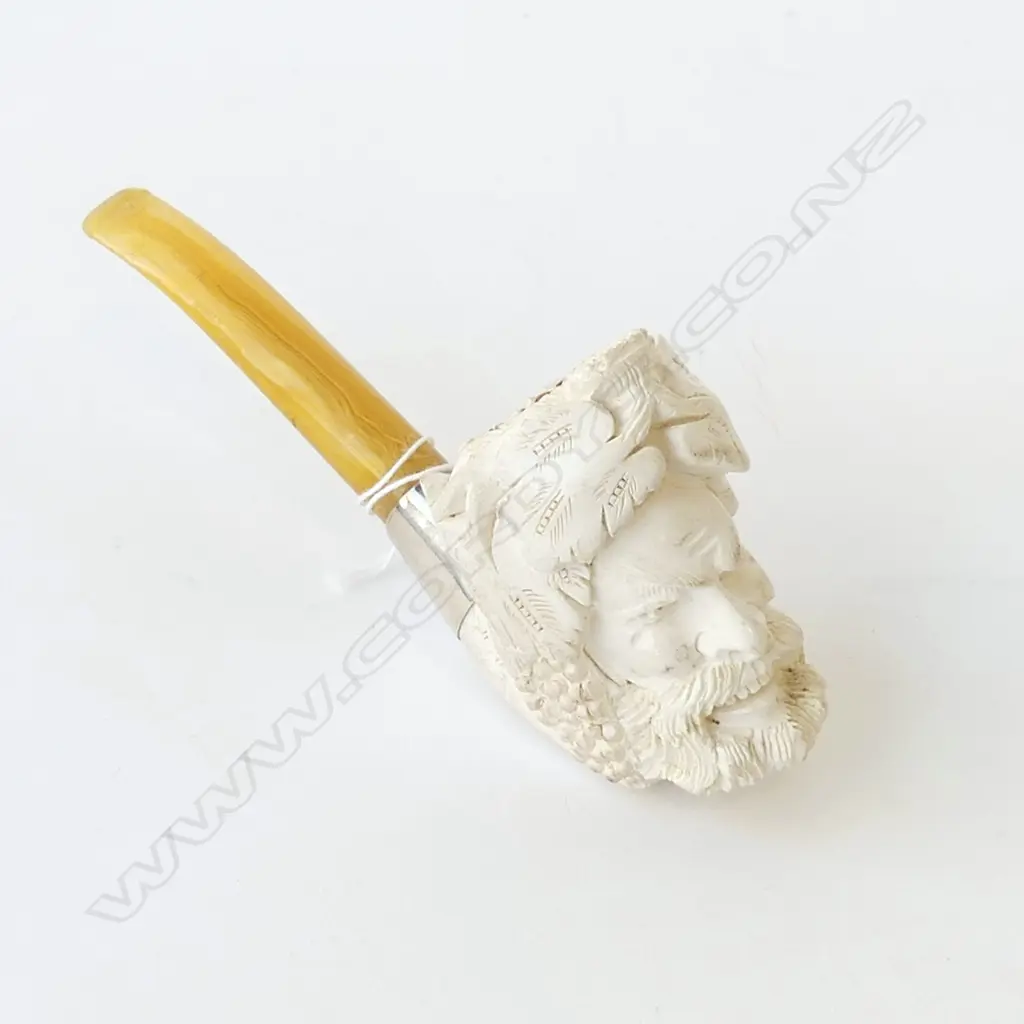 LARGE MEERSCHAUM HAND CARVED BACCHAS PIPE WITH SILVER MOUNT, L.164MM Image 1++