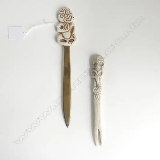 MAORI CARVED BONE FORK/COMB + BRASS LETTER KNIFE w tiki end L.235mm