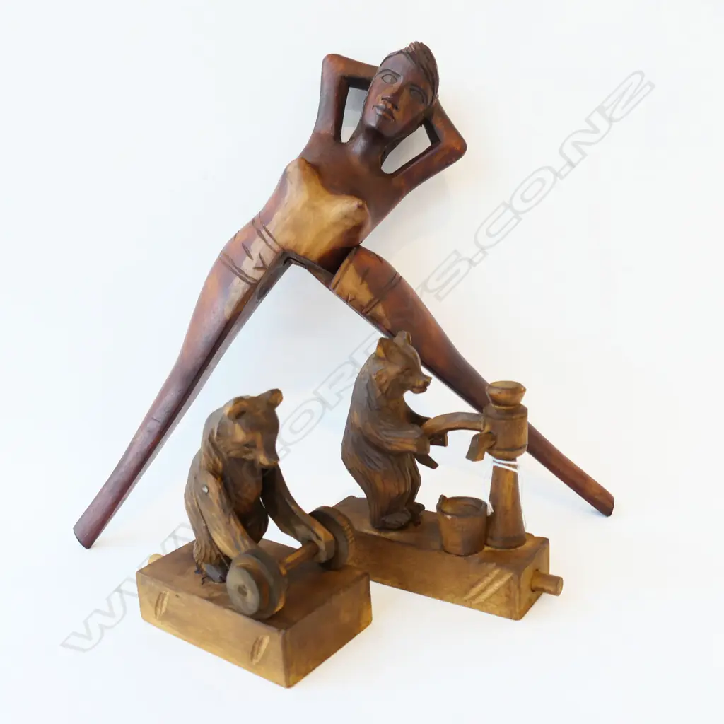 2 HAND CARVED WOODEN TOY BEARS + NUTCRACKER WOMAN H.330mm Image 1++