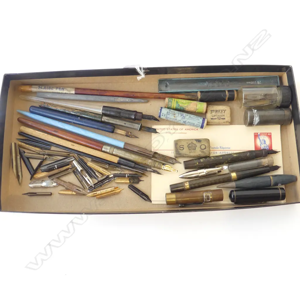 A COLLECTION OF DIP PENS, FOUNTAIN PEN PARTS, NIBS, PENCIL LEADS, ETC Image 1++