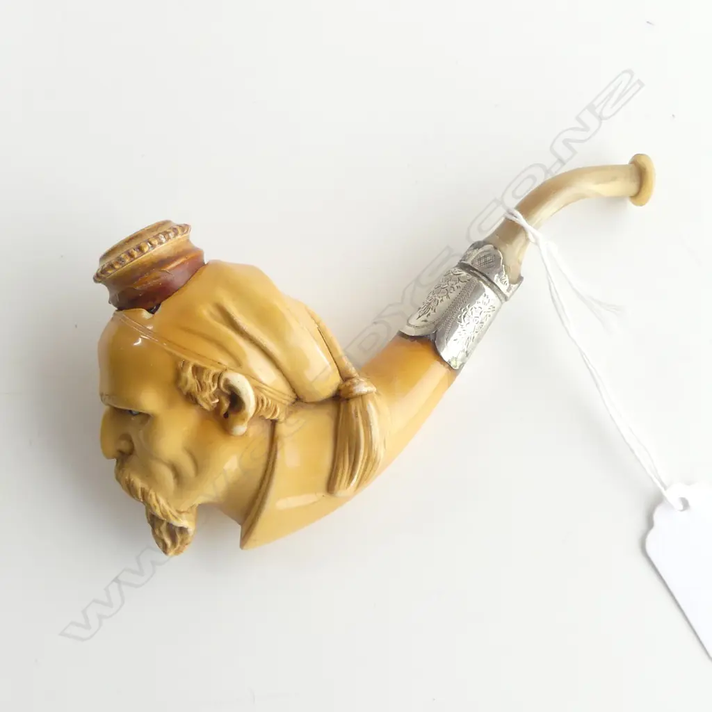 ANTIQUE SILVER MOUNTED MEERSCHAUM PIPE BEARDED SAILOR FACE L140MM Image 1++