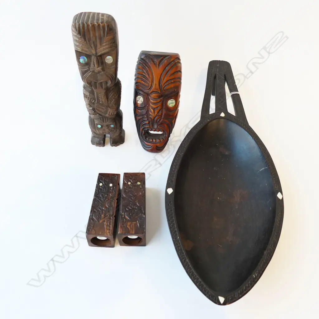5 CARVED WOODEN PCES; 4 MAORI + PACIFIC BOWL W.470mm Image 1++