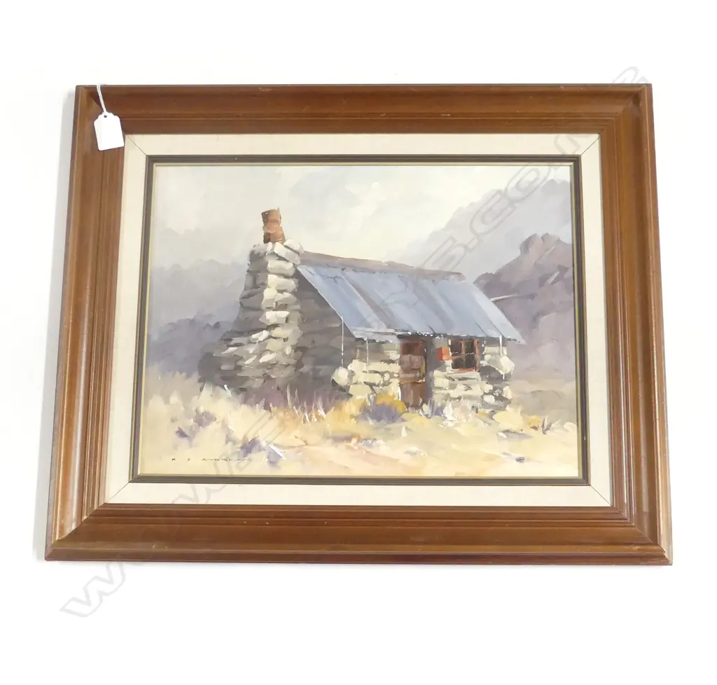 K. J. ANDREWS, 'MUSTERERS HAVEN STREAMLANDS BACK HUT' OIL ON BOARD 290x390mm Image 1++