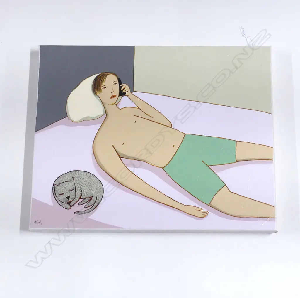NICK FEDAEFF, UNTITLED (BOY w. CAT) ACRYLIC ON CANVAS 400x510mm Image 1++