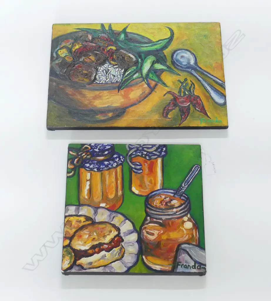 2 FRANDA ZONDAGH ARTWORKS, 'FINE DINING 1 & 2' OIL ON CANVAS 300x300 / 300x420mm Image 1++