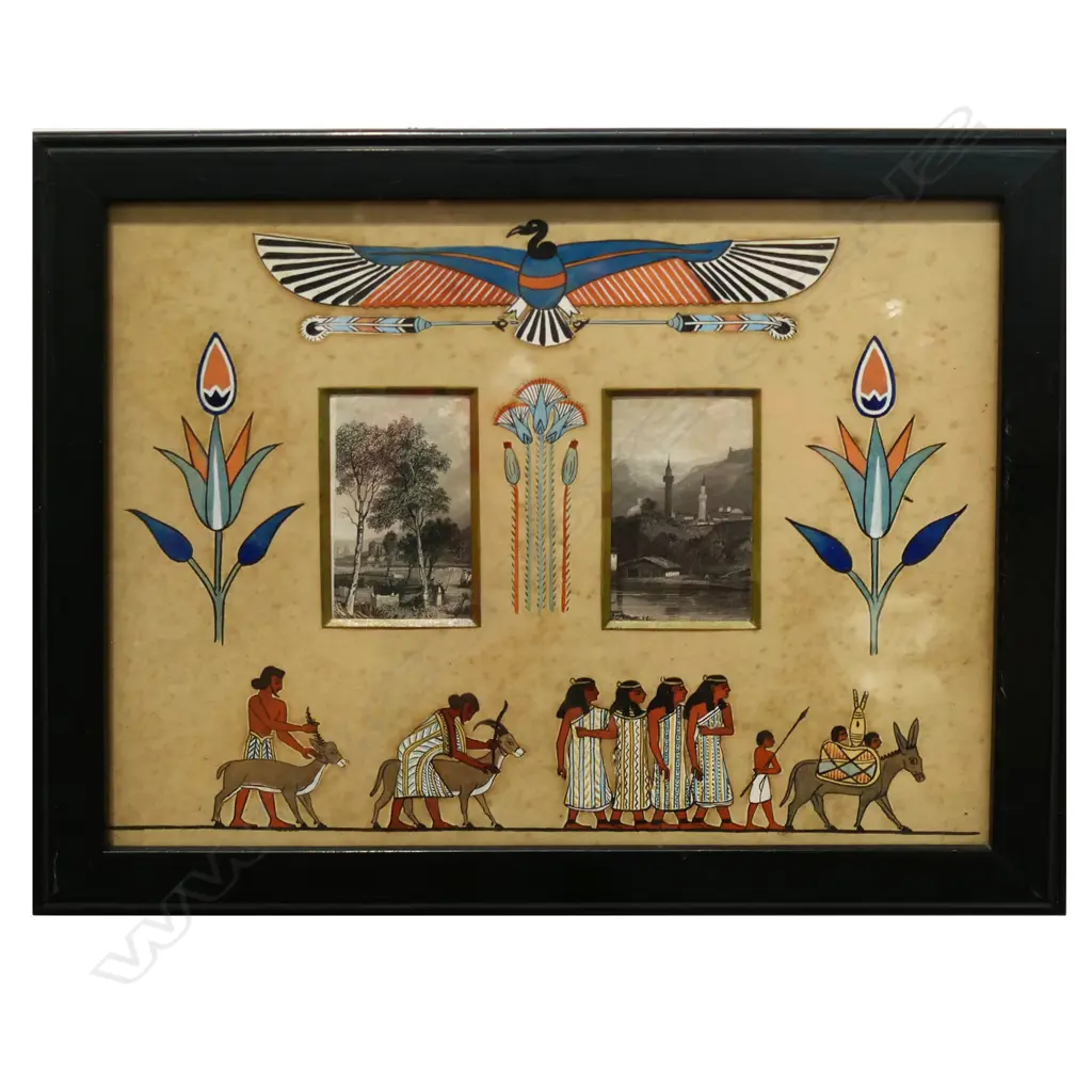 VINTAGE EGYPTIAN ARTWORK 2 LITHOGRAPHS SURROUNDED BY PAINTED EGYPTIAN ICONOGRAPHY H.170 x 200mm Image 1++