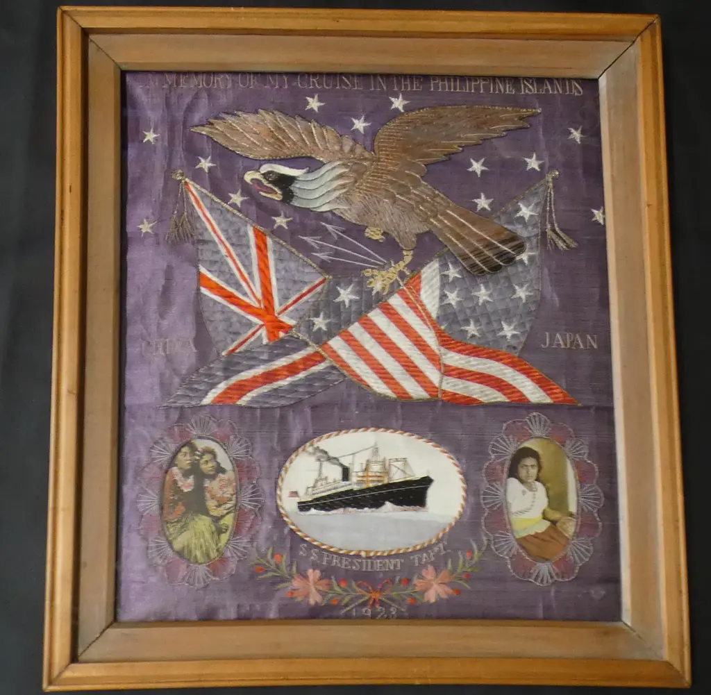 FRAMED EMBROIDERED PANEL 'IN MEMORY OF MY CRUISE...PHILLIPPINE ISLANDS / CHINA / JAPAN' 'S.S. PRESIDENT TAFT 1923' Image 1++