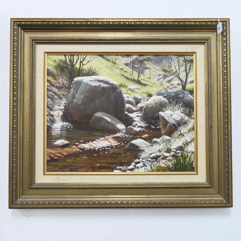 GRAHAM BRADDOCK 'SUNLIGHT ON ROCKS KARAKA BAY GT. BARRIER ISLAND' OIL ON BOARD '91 395x490mm Image 1++