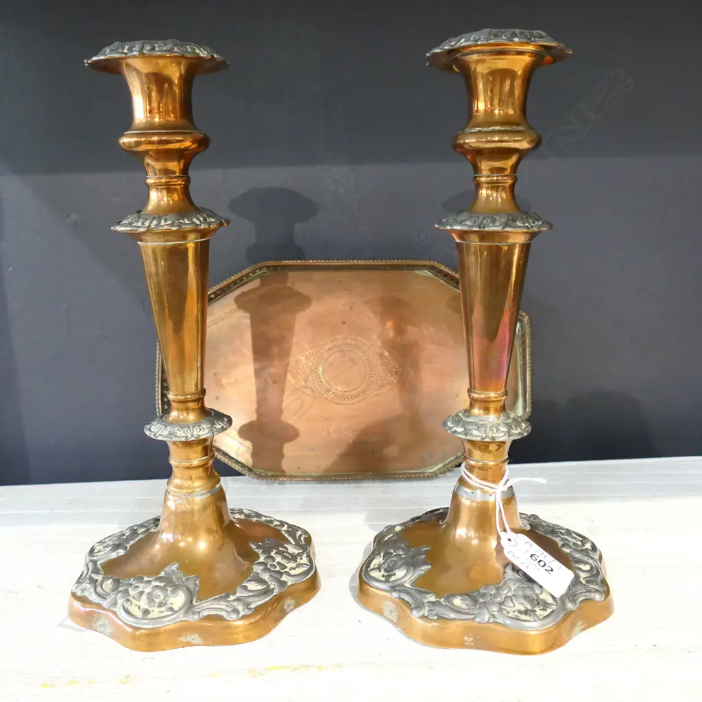 PR ANTIQUE COPPER & EP CANDLESTICKS H.260mm + COPPER TRAY W.255mm Image 1++