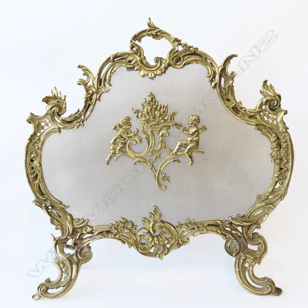 20thC French style brass & mesh fire guard W.700mm H.700mm Image 1++