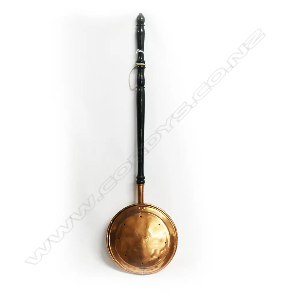 19thC copper bed warming pan engraved and with turned wooden handle Image 1++