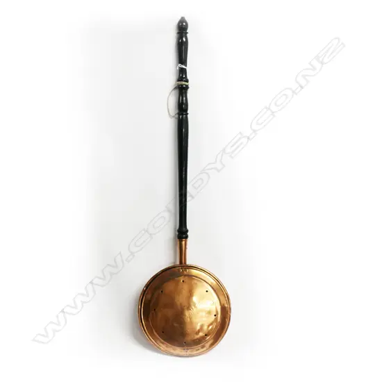 19thC copper bed warming pan engraved and with turned wooden handle