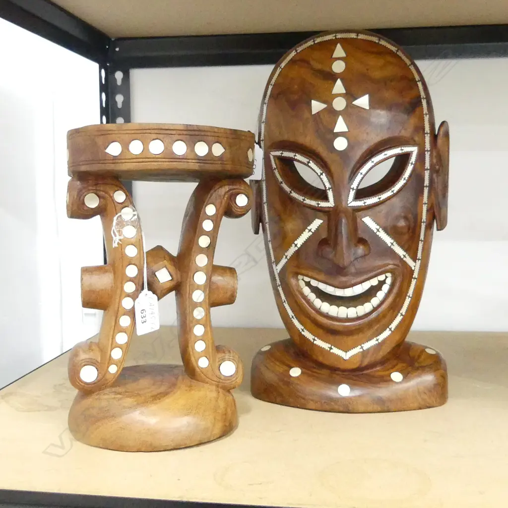 SOLOMON ISLANDS MASK WITH INLAID PEARL SHELL (H.350MM ) AND MATCHING STOOL (H.250MM) Image 1++