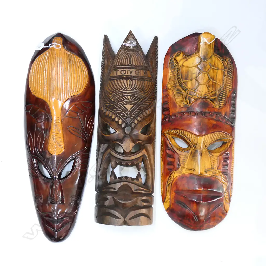 3 PACIFIC ISLAND CARVED WOOD FACE MASKS H580MM Image 1++