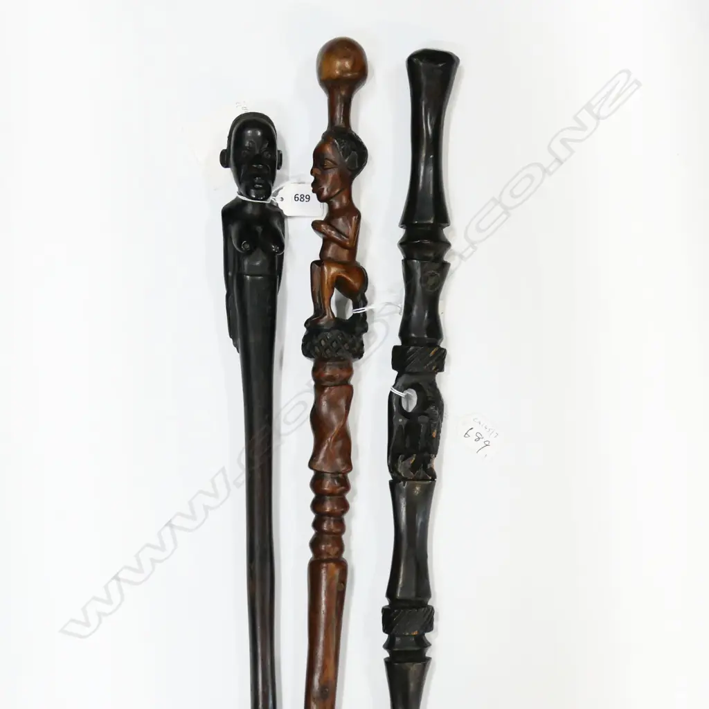 3 AFRICAN HARDWOOD CARVED WALKINGSTICKS 1M TALLEST Image 1++