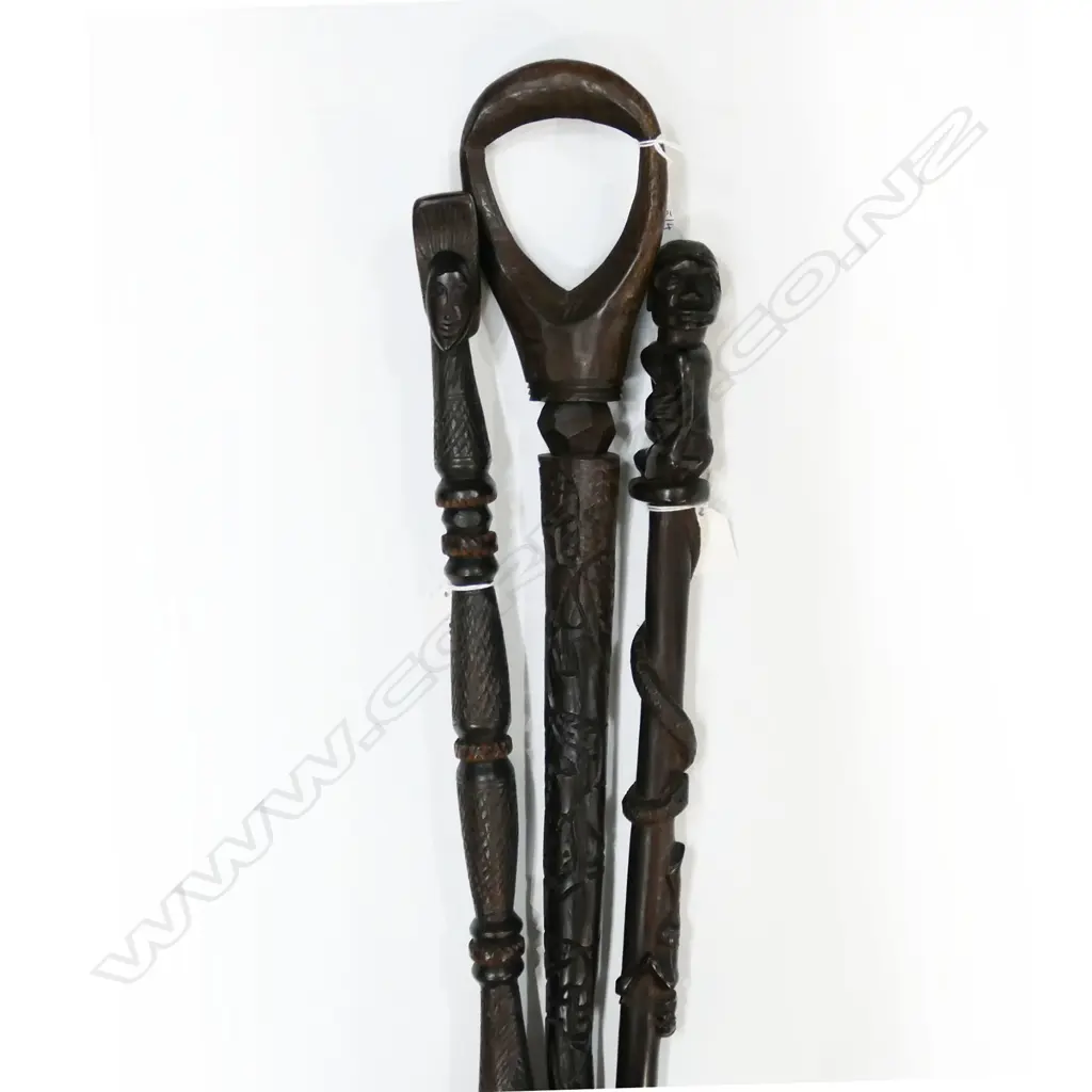 3 AFRICAN HARDWOOD CARVED WALKINGSTICKS 1070MM TALLEST Image 1++