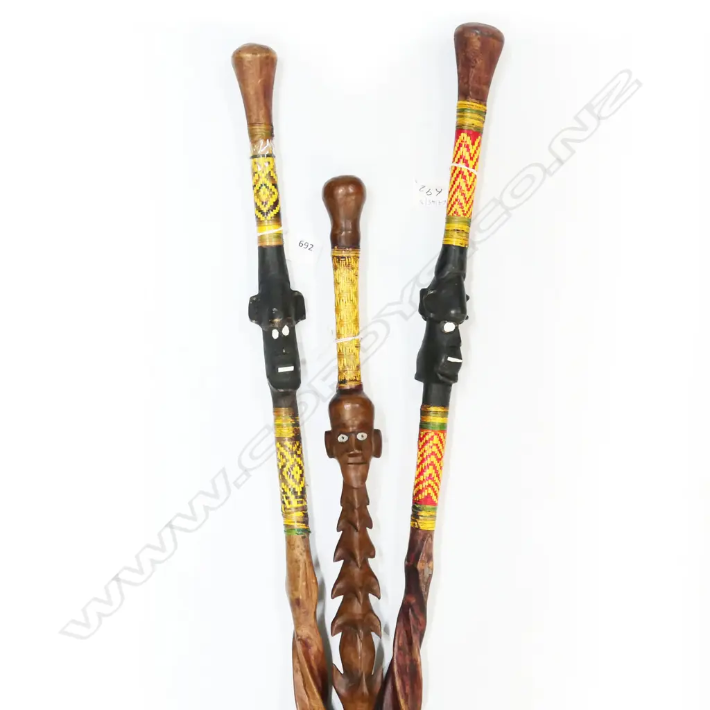3 CARVED & WOVEN CANE FACED WALKINGSTICKS 980MM TALLEST Image 1++