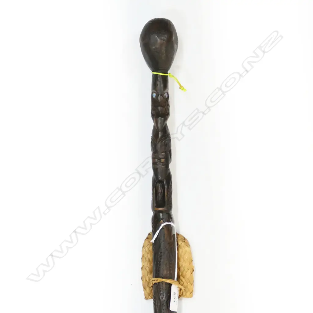 MAORI CARVED WOOD WALKINGSTICK PAUA EYES L1M Image 1++