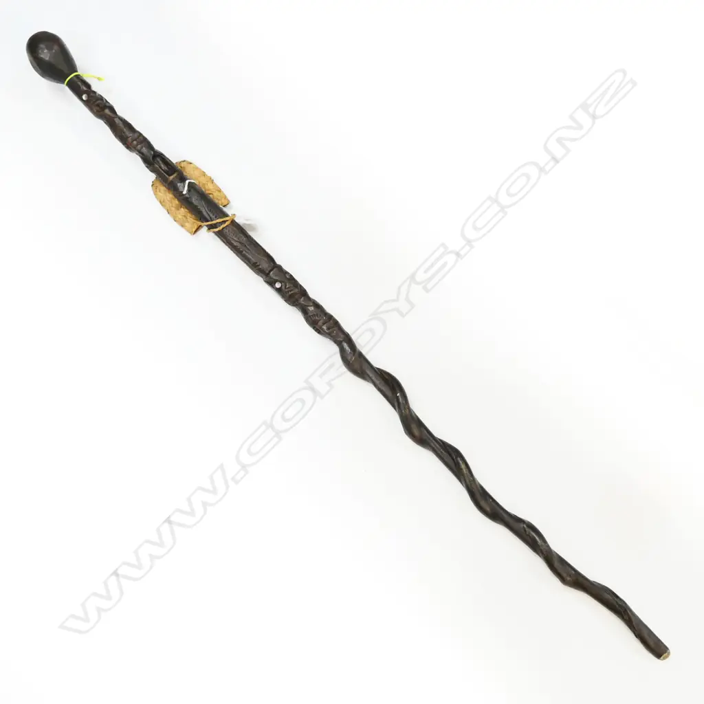MAORI CARVED WOOD WALKINGSTICK PAUA EYES L1M Image 1++