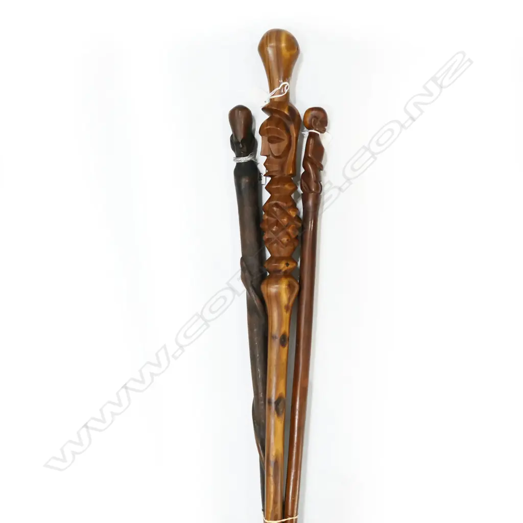 3 AFRICAN HARDWOOD CARVED WALKINGSTICKS 990MM TALLEST Image 1++