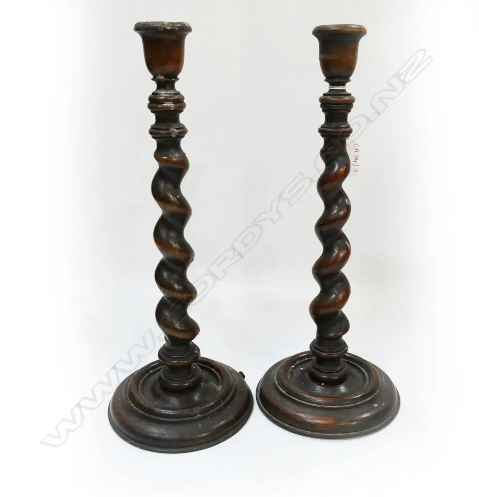 PR CARVED WOODEN BARLEY TWIST CANDLESTICKS H.345mm Image 1++