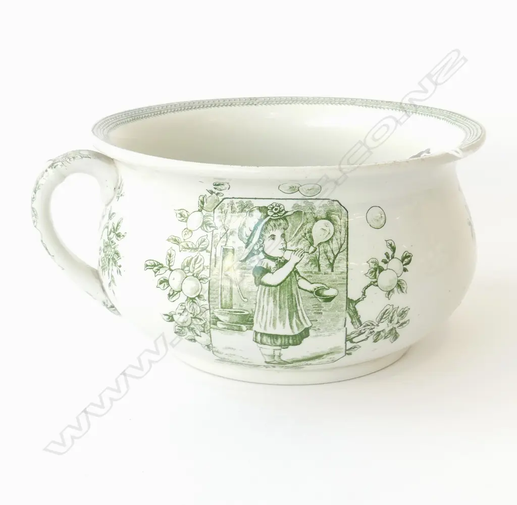 VICTORIAN TRANSFER PATTERN CHAMBER POT WITH THREE VIGNETTES OF GIRL BLOWING BUBBLES, D.235MM Image 1++