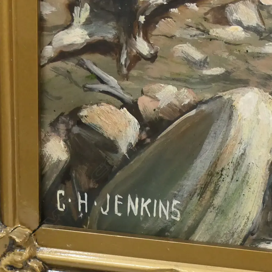 C. H. JENKINS, MOUNTAINOUS LANDSCAPE w. RIVER, OIL ON BOARD 575x700mm Image 1++
