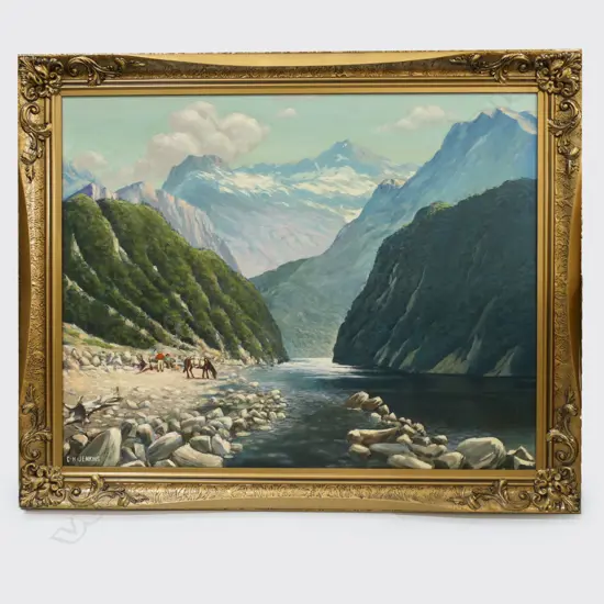 C. H. JENKINS, MOUNTAINOUS LANDSCAPE w. RIVER, OIL ON BOARD 575x700mm